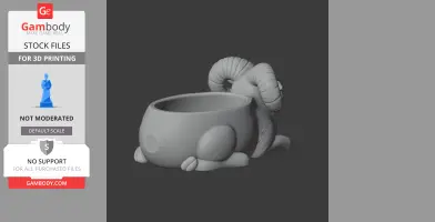 A ram-shaped bowl with curled horns, designed as an animal wall hook for 3D printing.