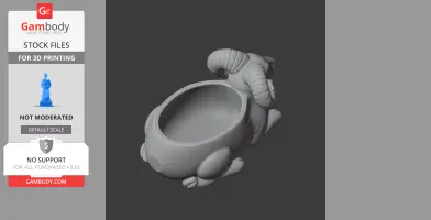 A 3D model of a ram-shaped bowl with curled horns, designed as a wall hook for 3D printing.