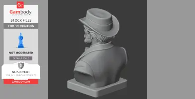 3D bust of a bearded man in a suit and hat, viewed from the back, on a square base.