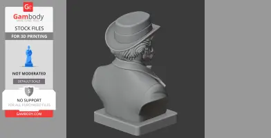 3D bust of a historical warrior wearing a hat and suit, viewed from the back, ready for 3D printing.