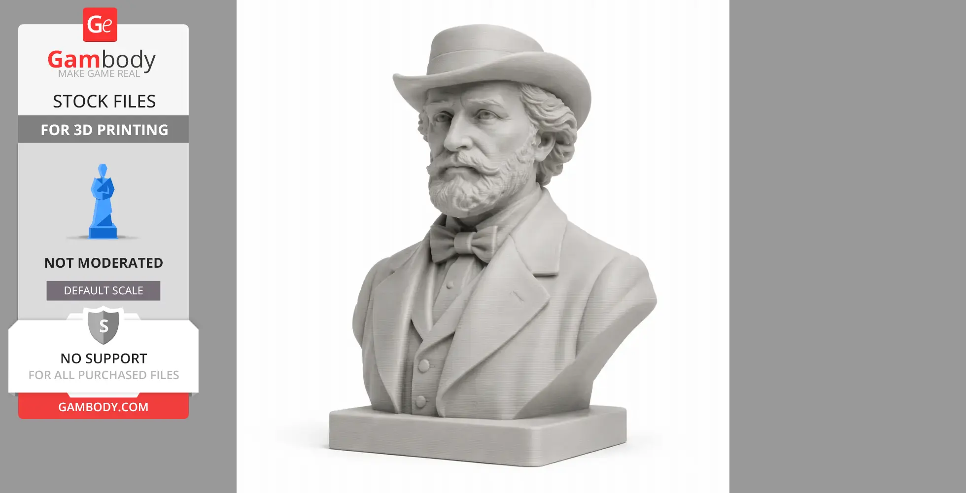 3D printed bust of a bearded man in a classic suit and hat, mounted on a rectangular base.