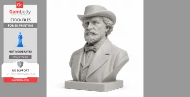 3D printed bust of a bearded man in a classic suit and hat, mounted on a rectangular base.