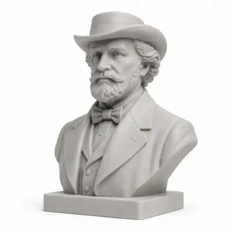 A detailed bust of a bearded man in a suit and bow tie, wearing a wide-brimmed hat, on a rectangular base.