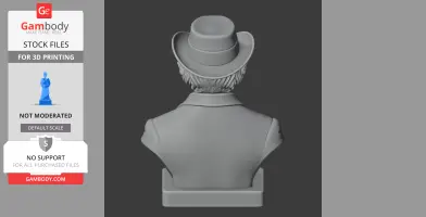 Bust of a man wearing a wide-brimmed hat, viewed from the back, with detailed hair and suit.