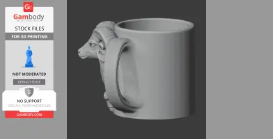 3D model of a mug with a ram head as the handle, designed for 3D printing.