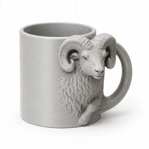 3D printed mug with a detailed ram head and horns as the handle.