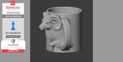 A 3D printed mug featuring a detailed ram head design as a relief on the side.