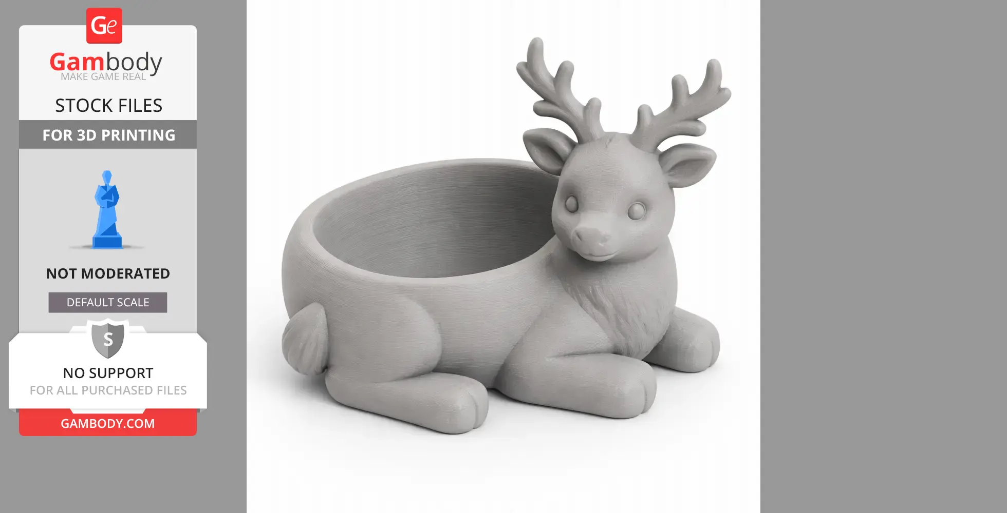 3D printed reindeer-shaped bowl with antlers and four legs, designed for holding small items.