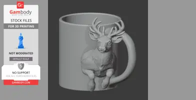 3D model of a mug with a detailed reindeer design as the handle, suitable for 3D printing.