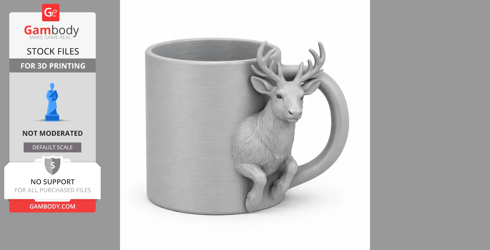 A mug with a detailed reindeer head and legs, serving as a handle on the side.