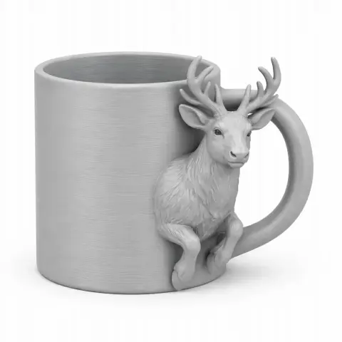 Gray mug with a reindeer figure integrated into the handle, designed for 3D printing.