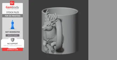 A mug with a reindeer design, featuring detailed antlers and fur, integrated into the handle.