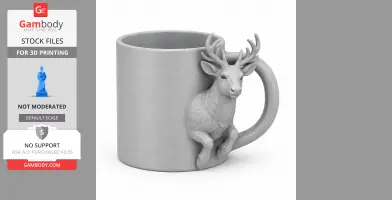 A mug with a detailed reindeer head and legs, serving as a handle on the side.