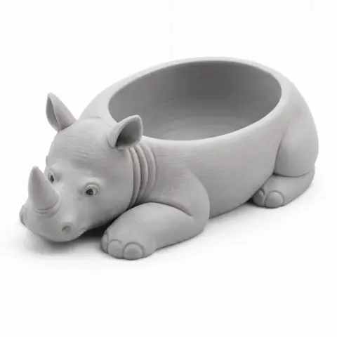 3D model of a rhino-shaped bowl with detailed features, designed for 3D printing.