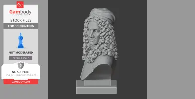 3D bust of a man with curly hair and a cap, in a historical style, on a pedestal.