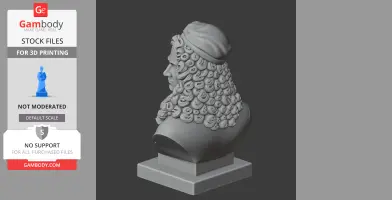 A detailed 3D bust of a historical figure with curly hair and a hat, mounted on a pedestal.