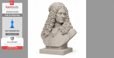 Bust of a man with curly hair and a cap, wearing 17th-century attire, on a square base.