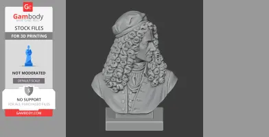 A detailed bust of a historical figure with curly hair and a hat, suitable for 3D printing.