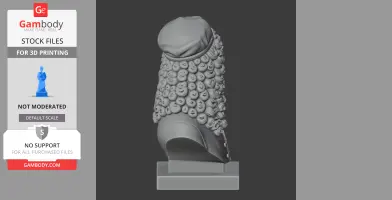 A 3D bust model of a historical figure with curled hair and a cap, viewed from the side.