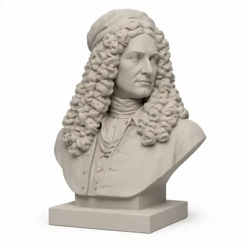 Bust of a historical figure with curly hair and a cap, dressed in period attire on a pedestal.