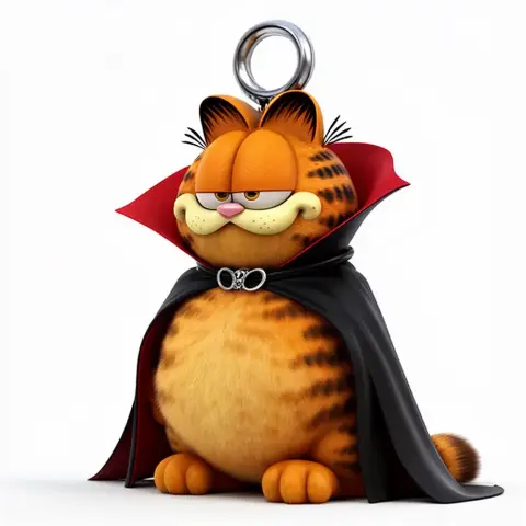 Cartoon cat in a vampire cape with a ring on its head, posed for 3D printing.