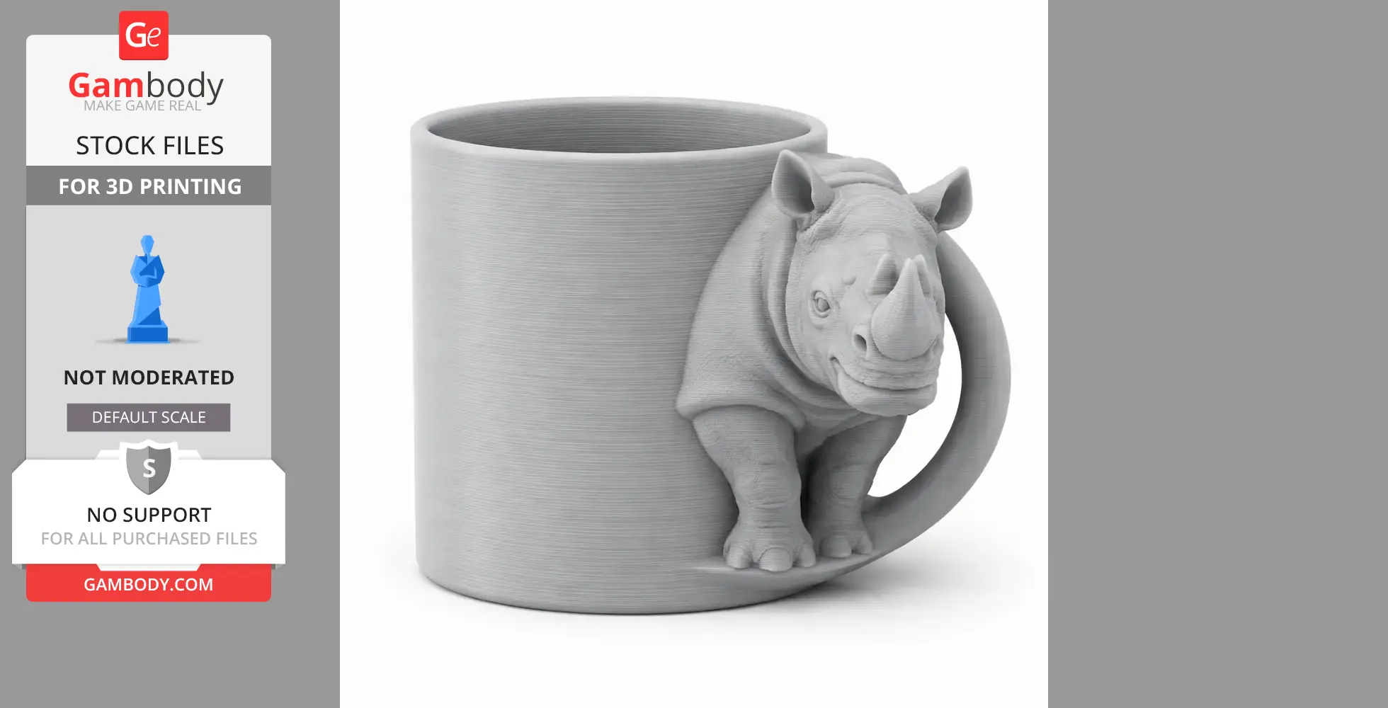 Gray rhino-themed mug with 3D printed rhino head and legs as handle design.