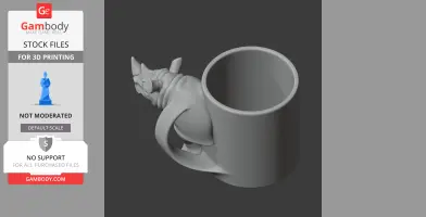 3D model of a mug with a rhinoceros head as the handle, designed for 3D printing.