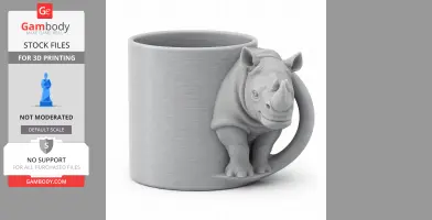 Gray rhino-themed mug with 3D printed rhino head and legs as handle design.