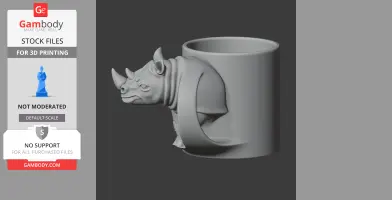 3D model of a mug with a detailed rhinoceros head as a handle, designed for 3D printing.
