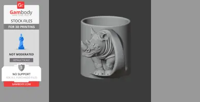 A mug with a detailed rhinoceros relief on the side, designed for 3D printing.