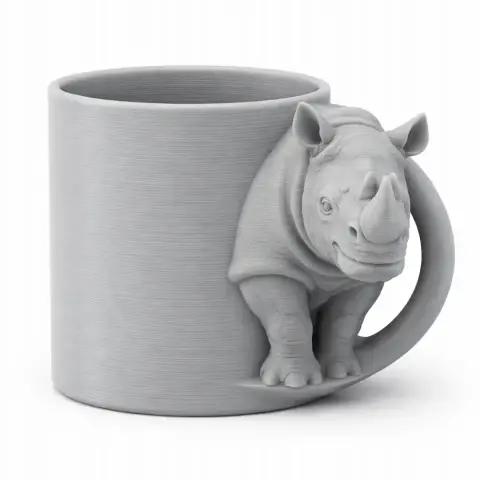 3D-printed mug with a rhino head and front legs forming the handle, detailed and smooth texture.