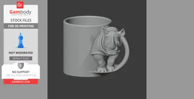 A 3D model of a mug featuring a rhinoceros design integrated into the handle.