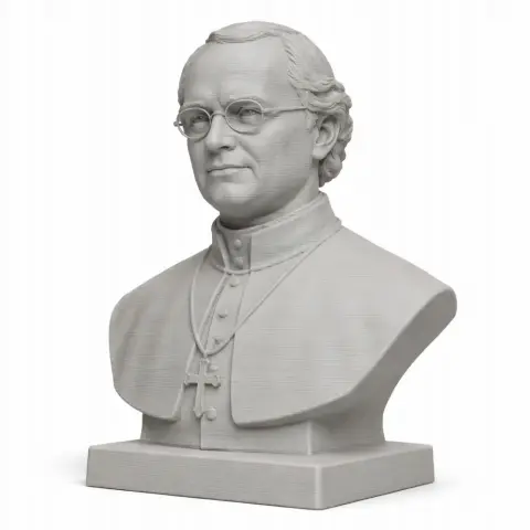 A 3D-printed bust of a historical figure wearing glasses and a clerical collar with a cross necklace.