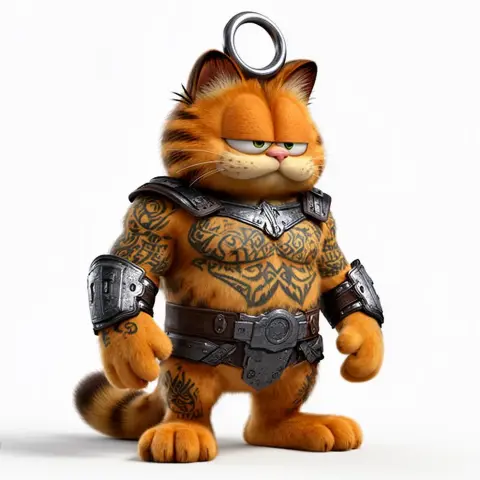 A mashup figure of Garfield with Drax's tattoos and armor, featuring a ring on top for hanging.