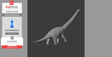 A 3D model of a long-necked, four-legged dinosaur for 3D printing, displayed on a dark background.