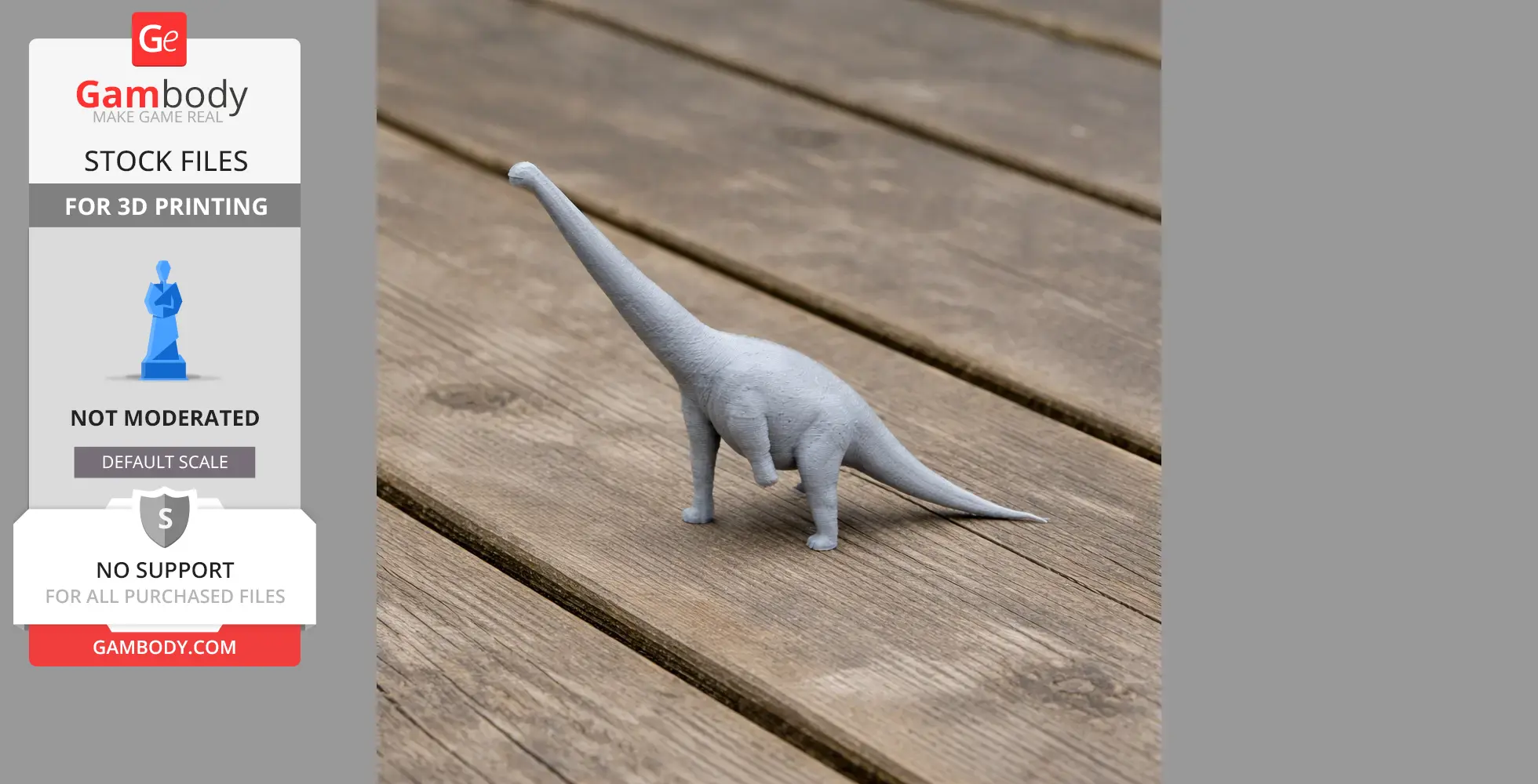 Gray 3D-printed Notocolossus dinosaur model on a wooden surface.