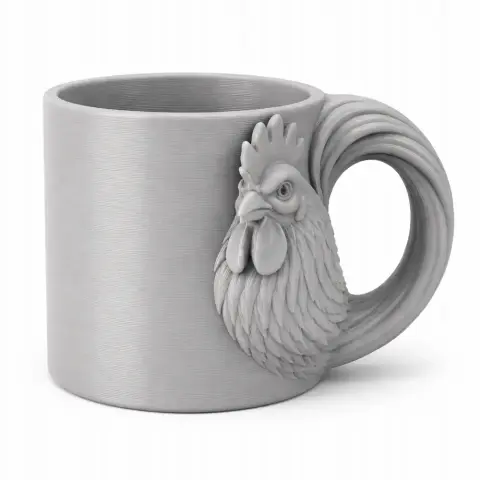 A gray mug with a rooster head design integrated into the handle.