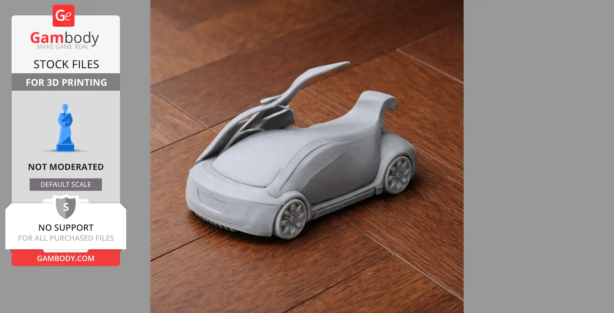 3D-printed model of a futuristic car with raised scissor doors on a wooden surface.