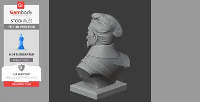 Gray 3D bust of a historical warrior with detailed hair and clothing on a pedestal base.