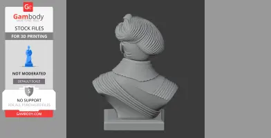 A 3D-printed bust of a historical figure with detailed hair and clothing, viewed from the back.