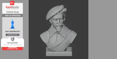 Bust of a historical warrior with a detailed beard, ornate collar, and hat.