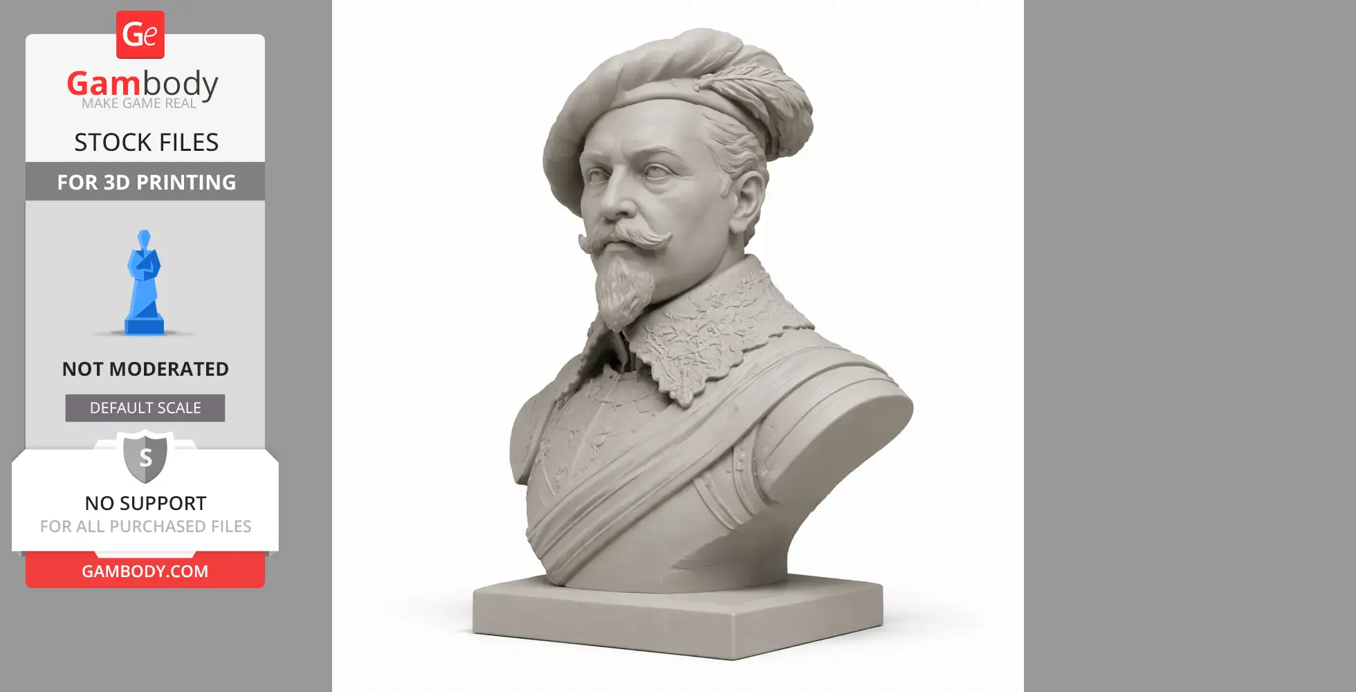 Bust of a historical figure with a hat and ornate collar, designed for 3D printing.