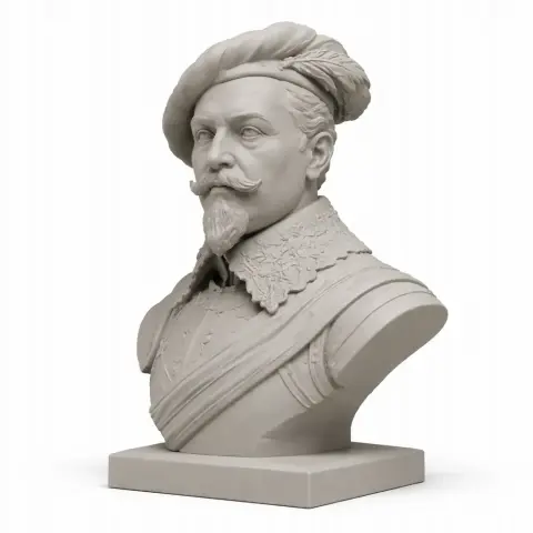Bust of historical warrior wearing 17th-century attire and a hat, with intricate detailing.