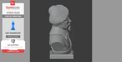 A detailed 3D bust of a historical warrior with ornate clothing and a distinct hat.
