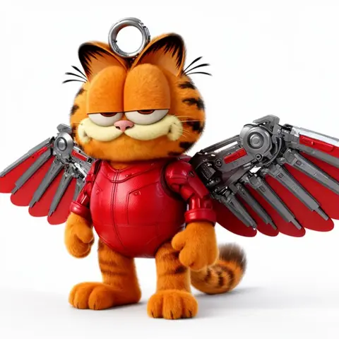 A hybrid figure of a cartoon cat in a red armored suit with mechanical wings.
