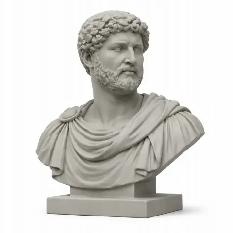 Bust of a bearded historical warrior with curly hair, wearing a draped robe on a pedestal.