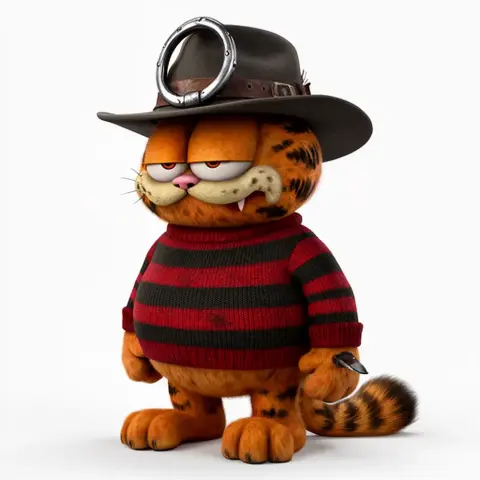 A cartoon orange cat in a Freddy Krueger outfit holds a bladed glove, wearing a brown fedora and striped sweater.