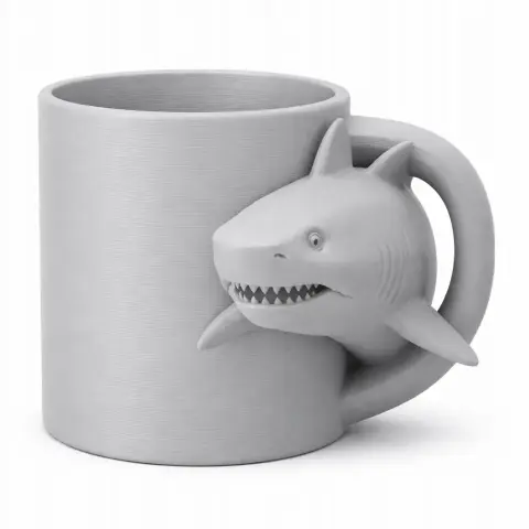 Shark-shaped mug handle on a simple cylindrical mug design, ready for 3D printing.