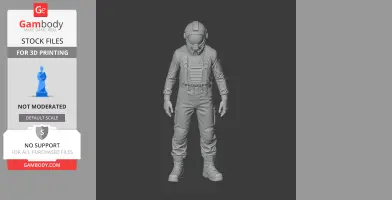 A 3D printable figurine of a character in a helmet and protective suit, standing upright.