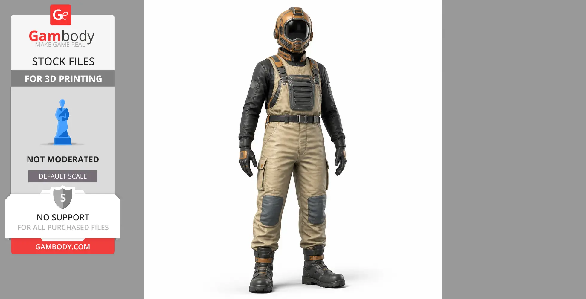A detailed figurine of a character in a sci-fi suit with a helmet, gloves, and boots, ready for 3D printing.